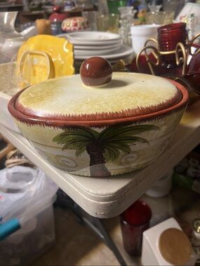 Hand-Painted Palm Tree Covered Ceramic Dish - Yellow & Brown